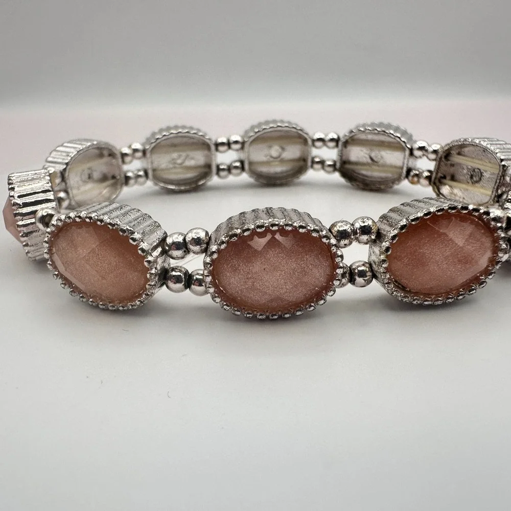 Vintage 90s Y2K Pink Faux Sunstone Stretch Bracelet Silver Tone Jewelry